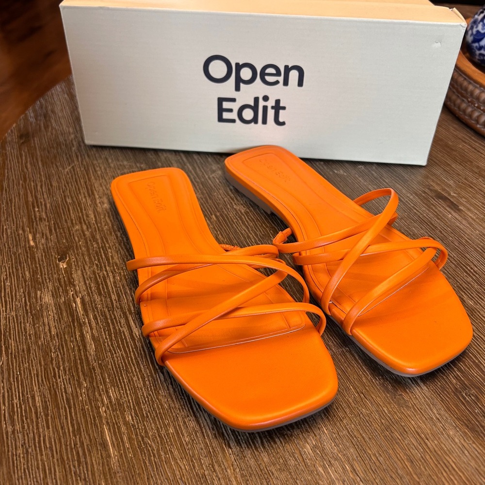 Open Edit Korva Strappy Flat Sandal Women 6 Orange Zest New Square Toe Slides